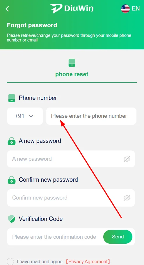 Enter the phone number to register